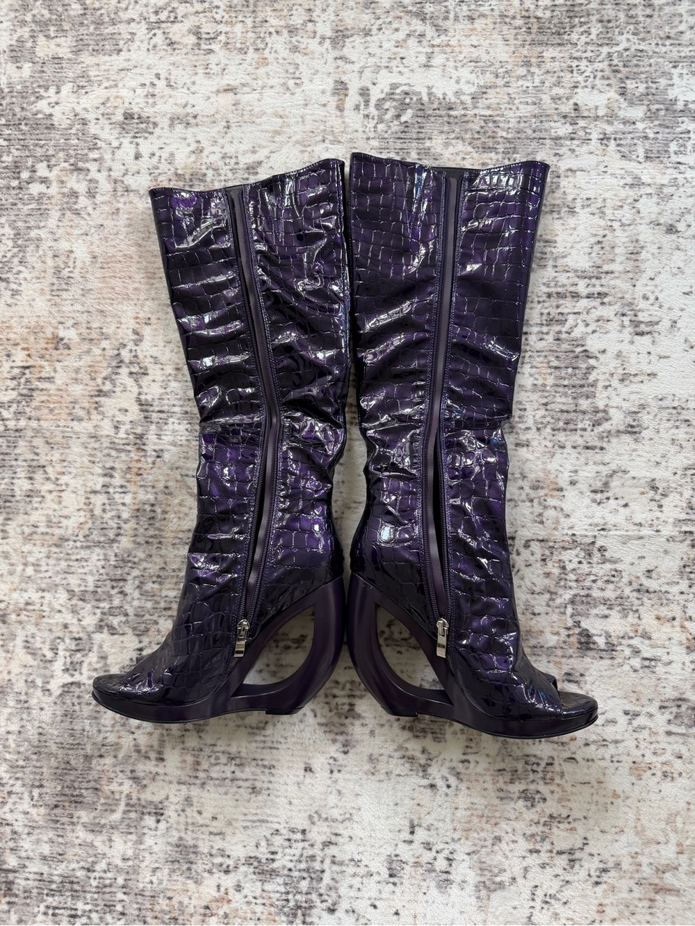 Sculpted Heel Croc-Embossed Mid-Calf Boots in Deep Purple